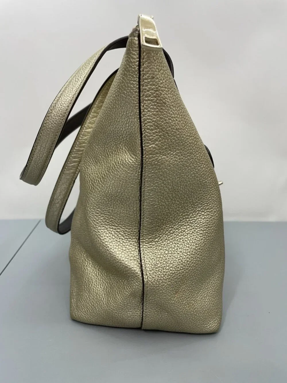 Coach Taylor Tote Shoulder Bag Zip Top Metallic Pebbled Leather Gold
